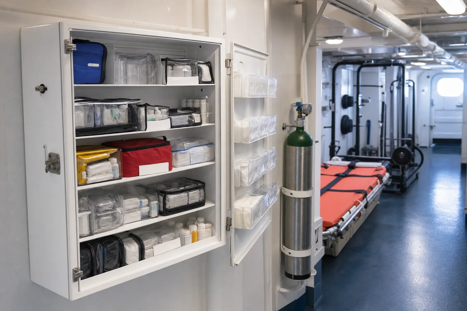A ship's medical locker open on a white bulkhead showing sealed cases